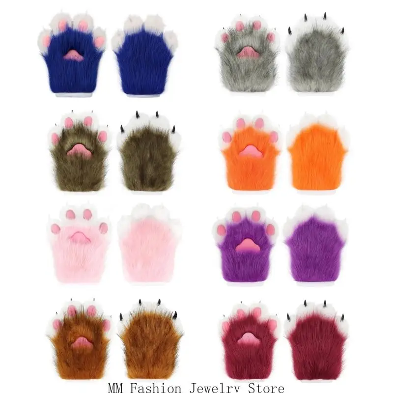 

D0UB пушистые плюшевые перчатки с кошачьими лапами, зимние теплые перчатки для родителей, детей, сбор мехового костюма, ручная