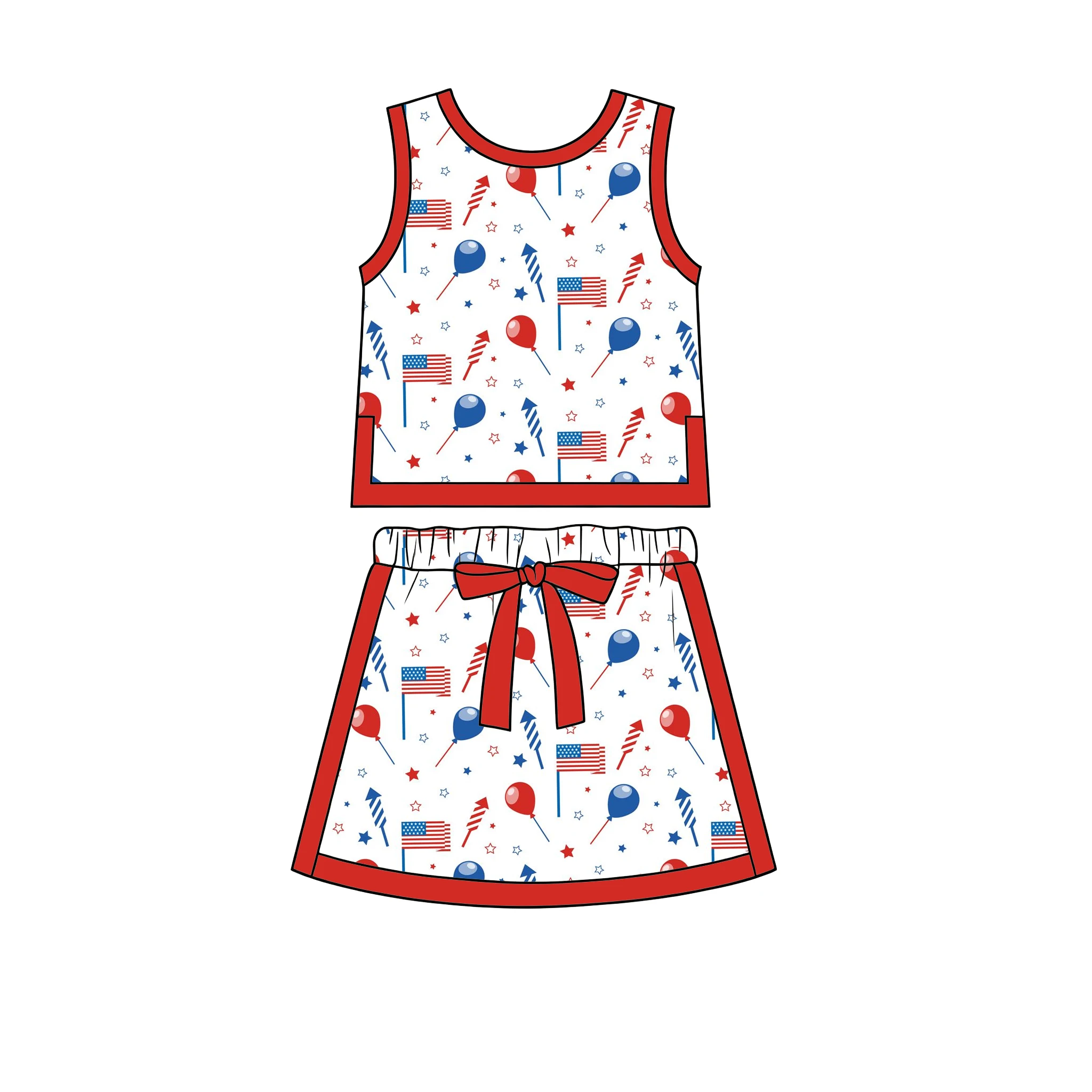 July 4th Independence Day New Children's Clothing Star and Flag Print Sleeveless Top and Skirt Girls Summer Boutique Set
