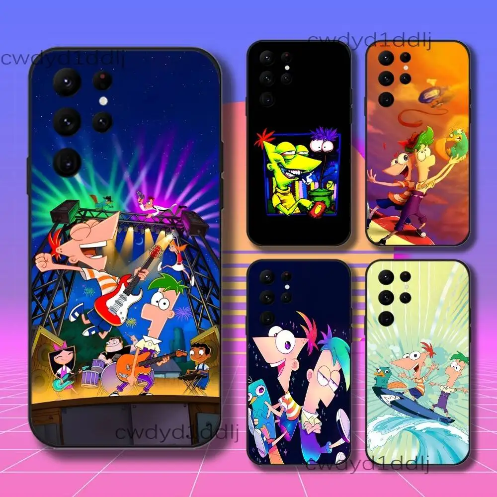P-Phineas Cartoon F-Ferb Phone Case For Samsung S10,S21,FE,S21 ,S26,S25,S24,S23,Ultra,S9,S22,Plus Black Shockproof Silicone Sof
