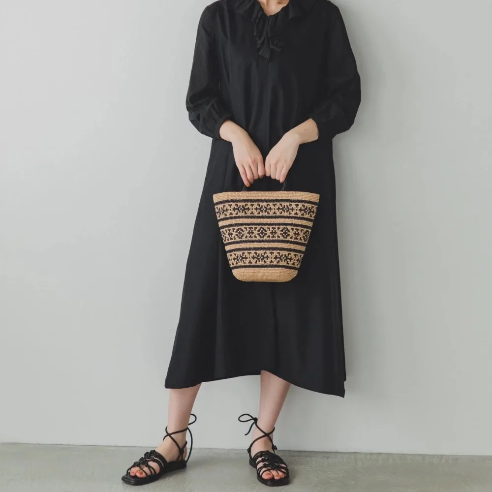 Black Splicing Woven Tote Bag Holiday Beach Hand Woven Lafite Straw Texture Unique Fashion Simple Women's Summer Outings