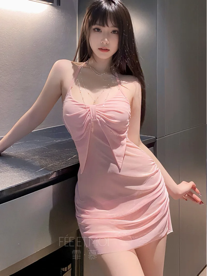 

Feimu Pink Girl Butterfly Dress Elegant Sexy Pure Desire Hanging Neck Sweet Mesh Lace Transparent Fashion Women Dress JRO0