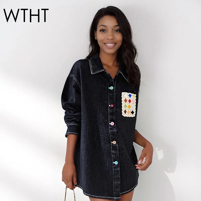 

WTHT модная новая женская джинсовая рубашка со сращенной вышивкой, осень 2021, модная блузка с длинными рукавами и лацканами, женская 1LS2674
