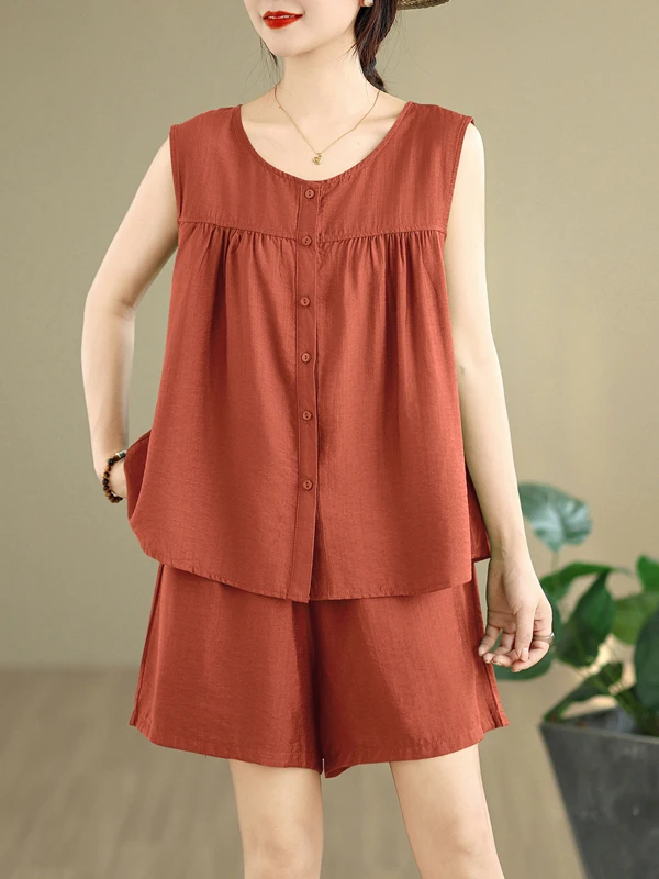 

Summer Casual Loose Women's Fashion plus Size Shirt And Shorts Two-Piece Set Sleeveless round Neck Button-Up Lightweight