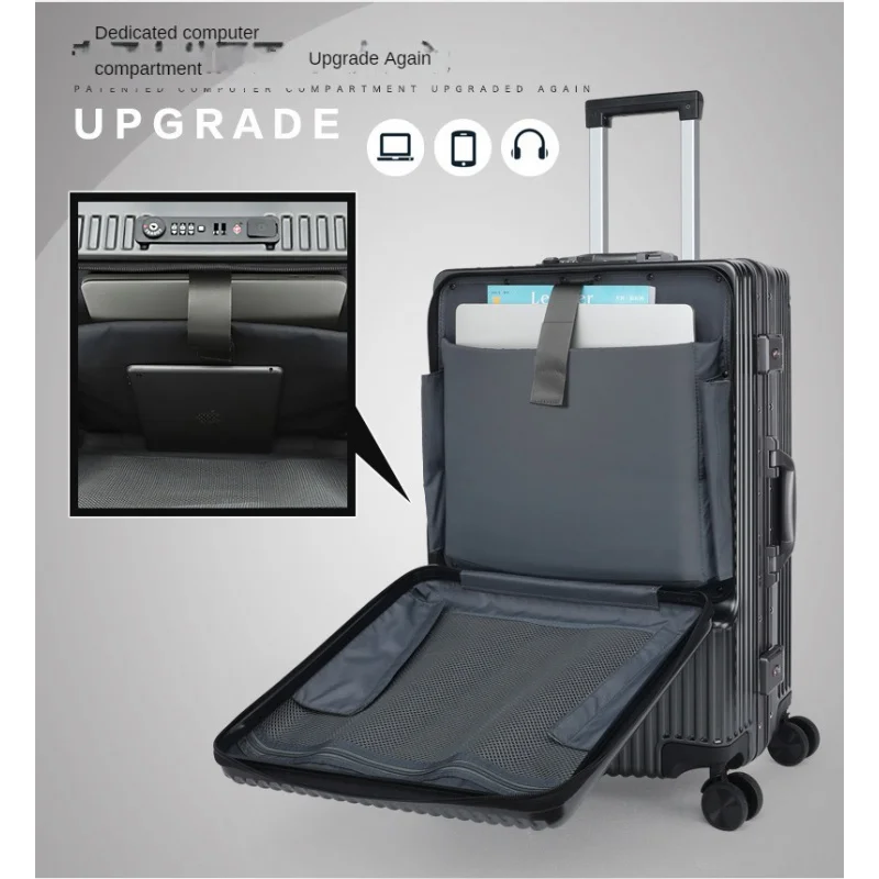 Valise à roulettes à cadre en aluminium, chargement USB multifonctionnel, fixation avant, mot de passe, roue silencieuse, sac d'embarquement