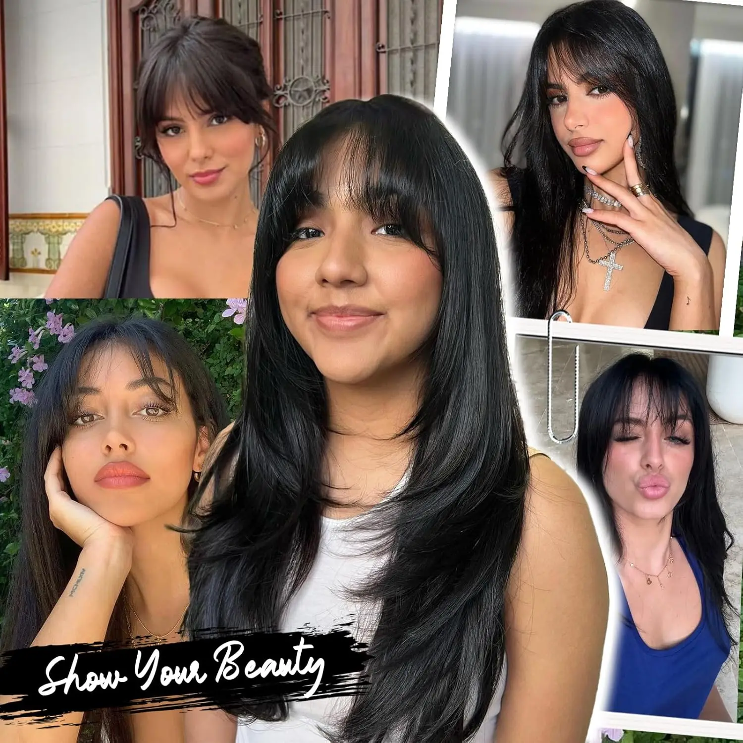 Black Long Straight Synthetic Wigs Layered Wig with Bangs Hairs Wig for Women Daily Party Use Natural Heat Resistant Fiber