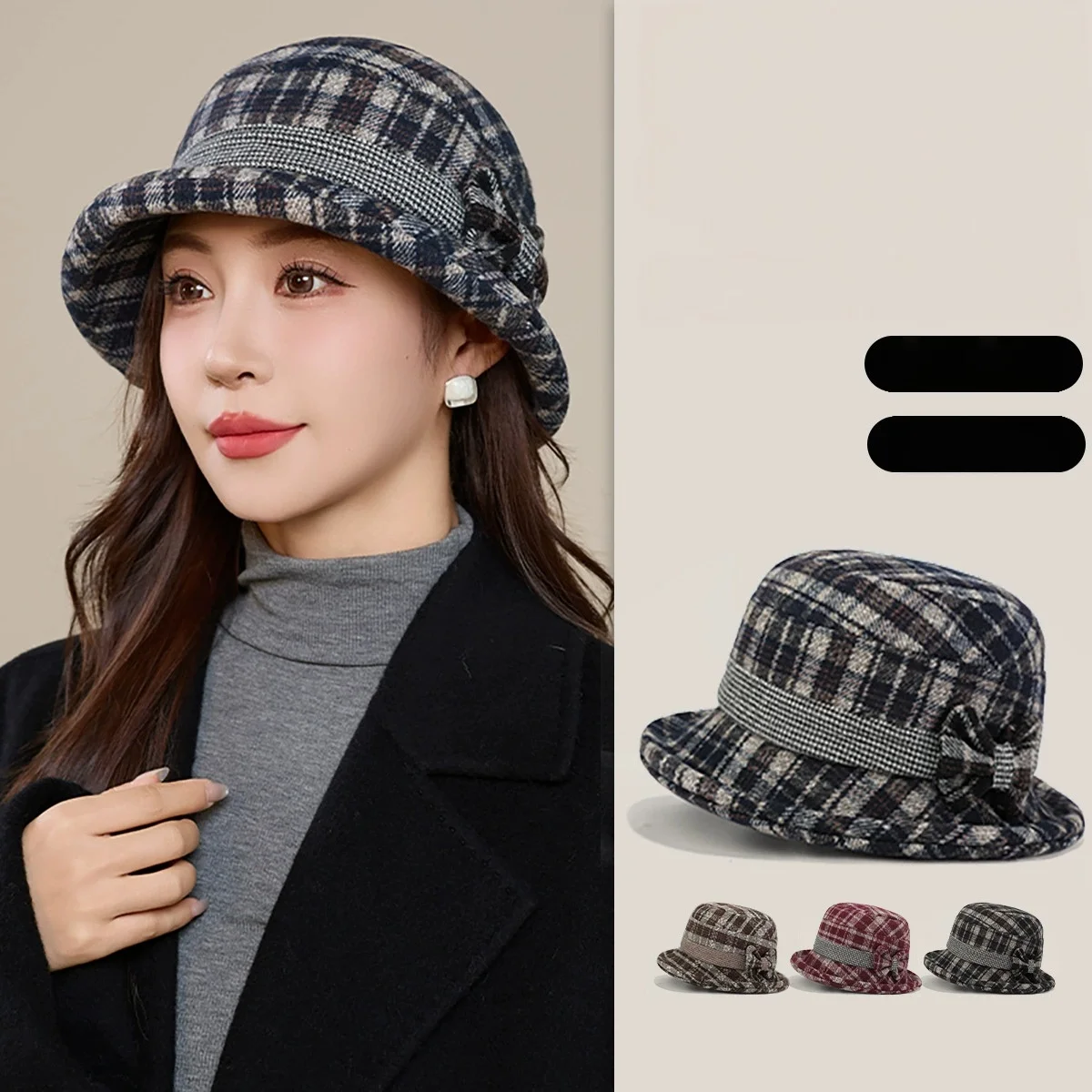 Winter Fisherman Hat Thickened Warm Old Lady Check Bow Cotton Hat Mother Hat Outdoor Bucket Cap Cold Basin Cap
