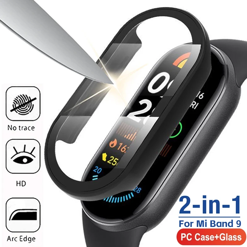 2in1 Case Screen Protector for Xiaomi Mi Band 9 PC Case+Tempered Glass Film Full Coverage Protective Cover for Miband 9 Band9
