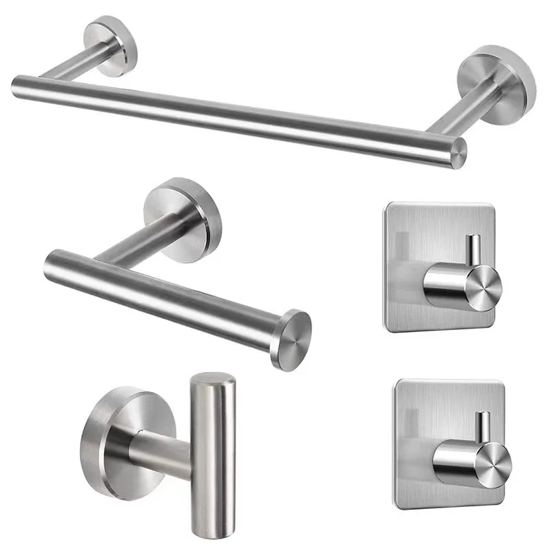 Towel Rack 304 Stainless Steel Bathroom Toilet Paper Rack Coat Hook Five-piece Set Household Storage Organizer