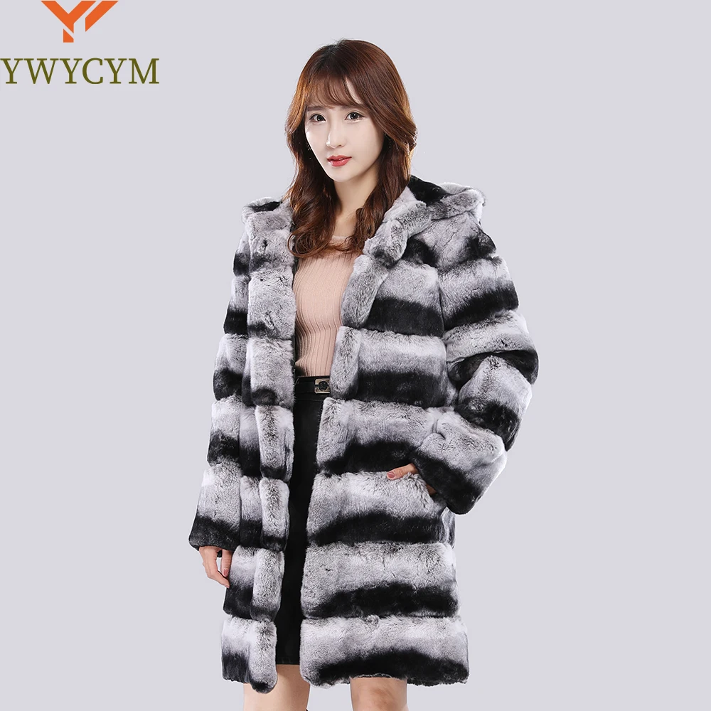 

2024 Real Fur Coat With Hood Jacket Long Winter Coat Large Fur Hood Rex Rabbit Chinchilla Fur Hooded Jacket Women Real Fur Coat