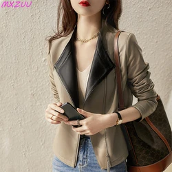 Beige Casual Leather Coat Women Contrast Color Lightly Painted Sheepskin Sassy Fashion Temperament Moto Biker Casacos Feminino