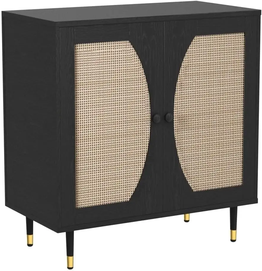 Black Buffet Sideboard Cabinet, Rattan Sideboard with Natural Rattan Doors, Black Rattan Console Table with Storage