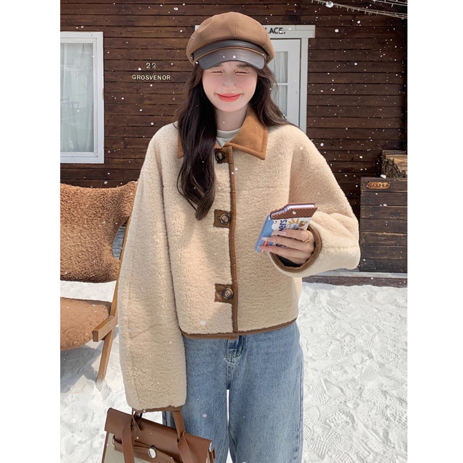 

Double-Sided Wear Leather Fur Integrated Jacket Women Winter Short Thick Warm Lamb Fur Suede Jacket Top Polyester Fiber Long ...