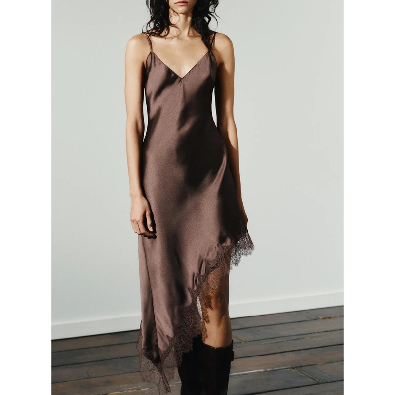 Combhasaki Abito da donna sexy in pizzo floreale con orlo asimmetrico in raso di seta Elegante estate Y2k Beach Cami Mezze sottoveste Abiti midi