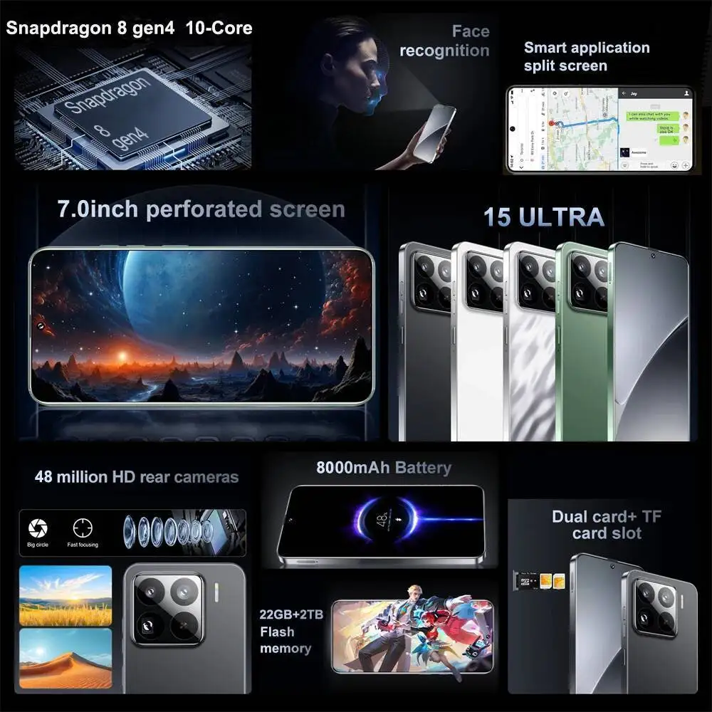 جديد 2025 HOT 15 Ultra 7.0HD الإصدار العالمي الأصلي الذكي المزدوج بطاقة التعرف على الوجه وظيفة بطارية 8000mAh