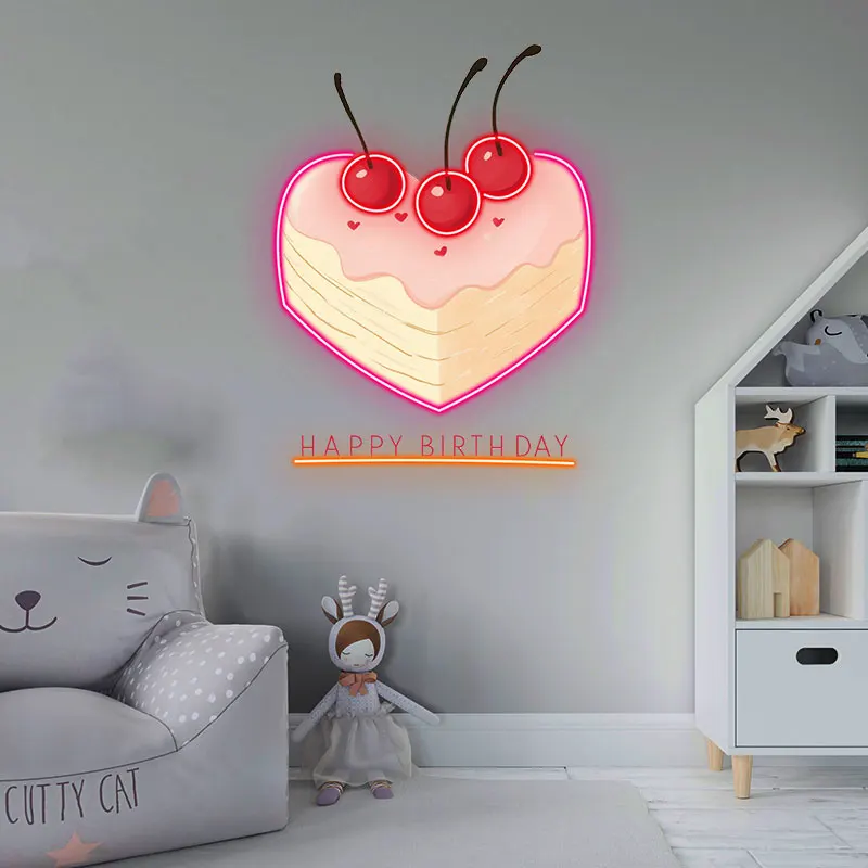 Heart-Shaped Cake Neon Light, Cute Cherry Topped LED Sign for Birthday Party Decor, Perfect Gift for Celebrations & Cake Lovers