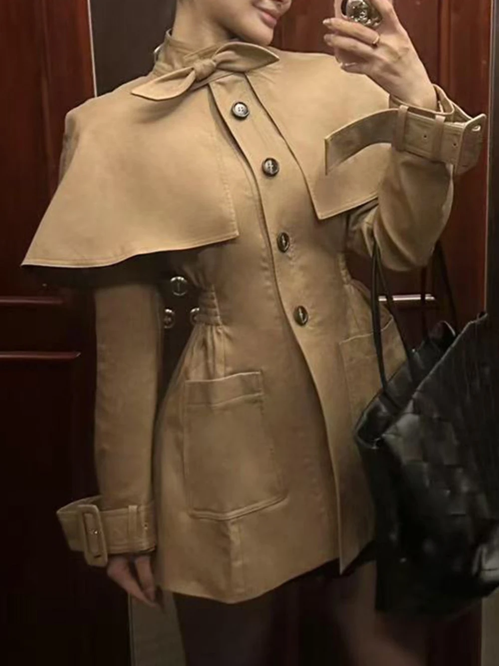 Modphy Gespleißt Fliege Cape Design Taille Gebunden Midi Graben Für Frauen Lange Ärmeln Einreiher Tasche Mantel Vestido Weibliche Neue