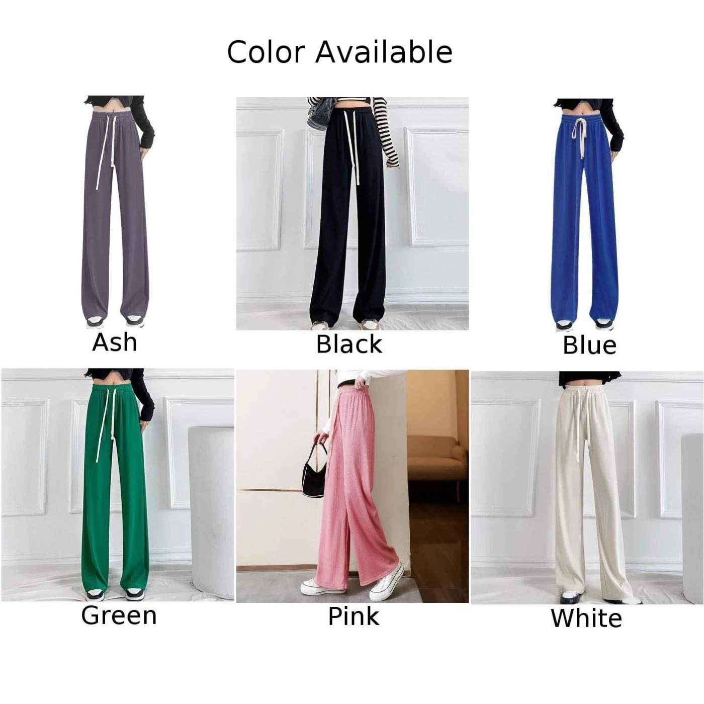 Women's Ice Silk Wide Leg Pants Summer Cool Loose Casual Drawstring Trousers