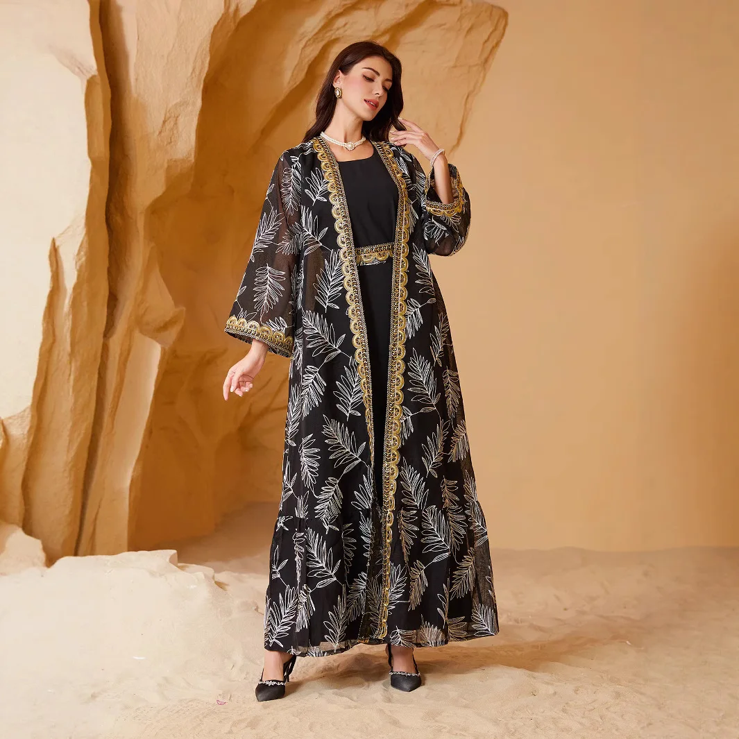 Nc41 Arabo Dubai Estate Elegante Maglia Ricamo Patchwork Nastro Dorato Musulmano Set a Due Pezzi Ramadan Dubai Lusso Islam Elegante