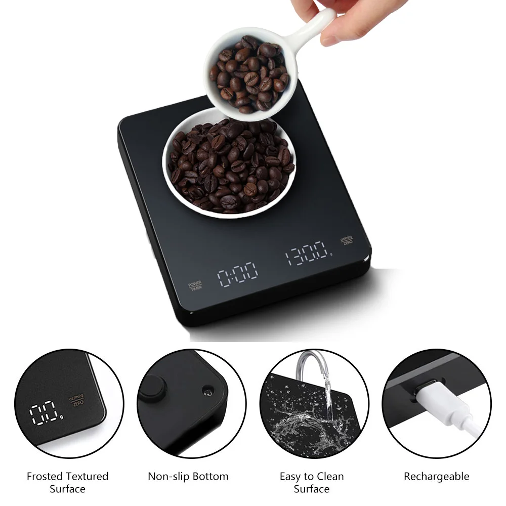 

Высокоточные цифровые весы для кофе с таймером и светодиодным экраном, максимальное разрешение 3 кг, 0,1 г, измеряет в унции, мл, для эспрессо, кухни, USB
