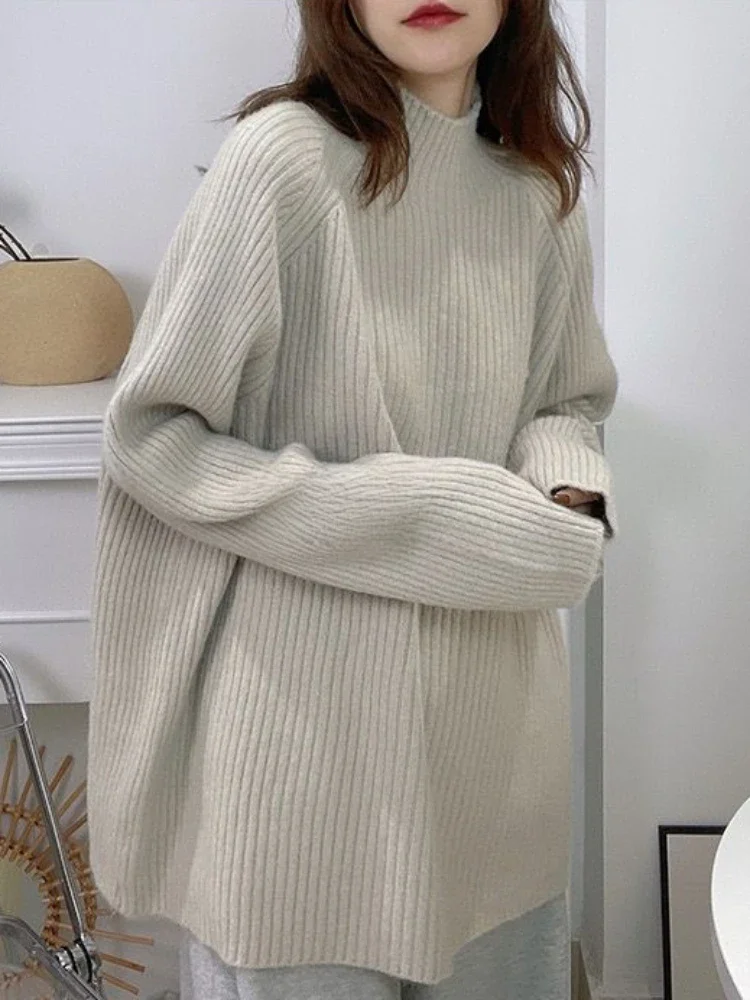 Pullovers Women Fall Pure Color Fashion Female Half High Collar Knitted Sweaters Lazy Loose Leisure All-match Korean Simple Chic