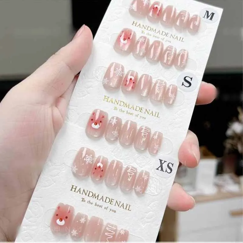 10 Pcs Cute Christmas Snowflake Milu Deer Handmade Press on Nails Short Style Cat Eye Nails Patch Detachable Fake Nail Patches