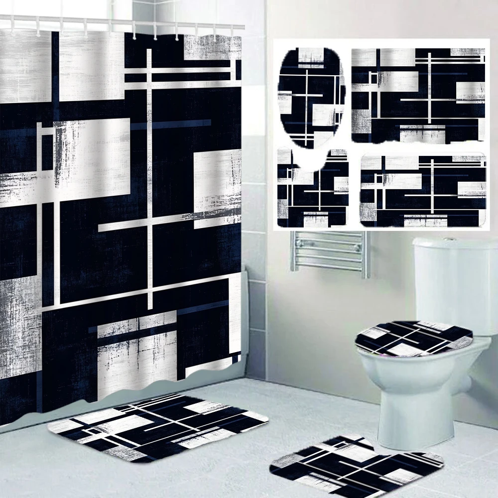 4/1 Geometric Pattern Shower Curtain Set, Toilet Seat Decoration, Shower Curtain with Carpet and Toilet Lid, Size 70.8x70.8 inch