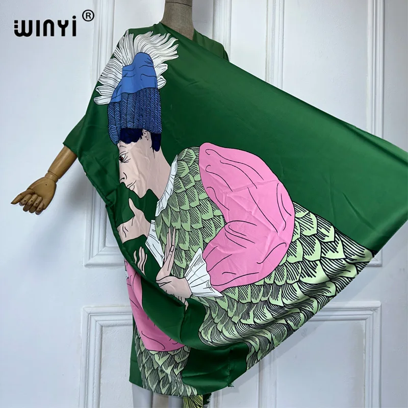 WINYI boho print Kimono sexy Cardigan beach outfits cover up women kaftan evening dress long coat party dress holiday swimwear