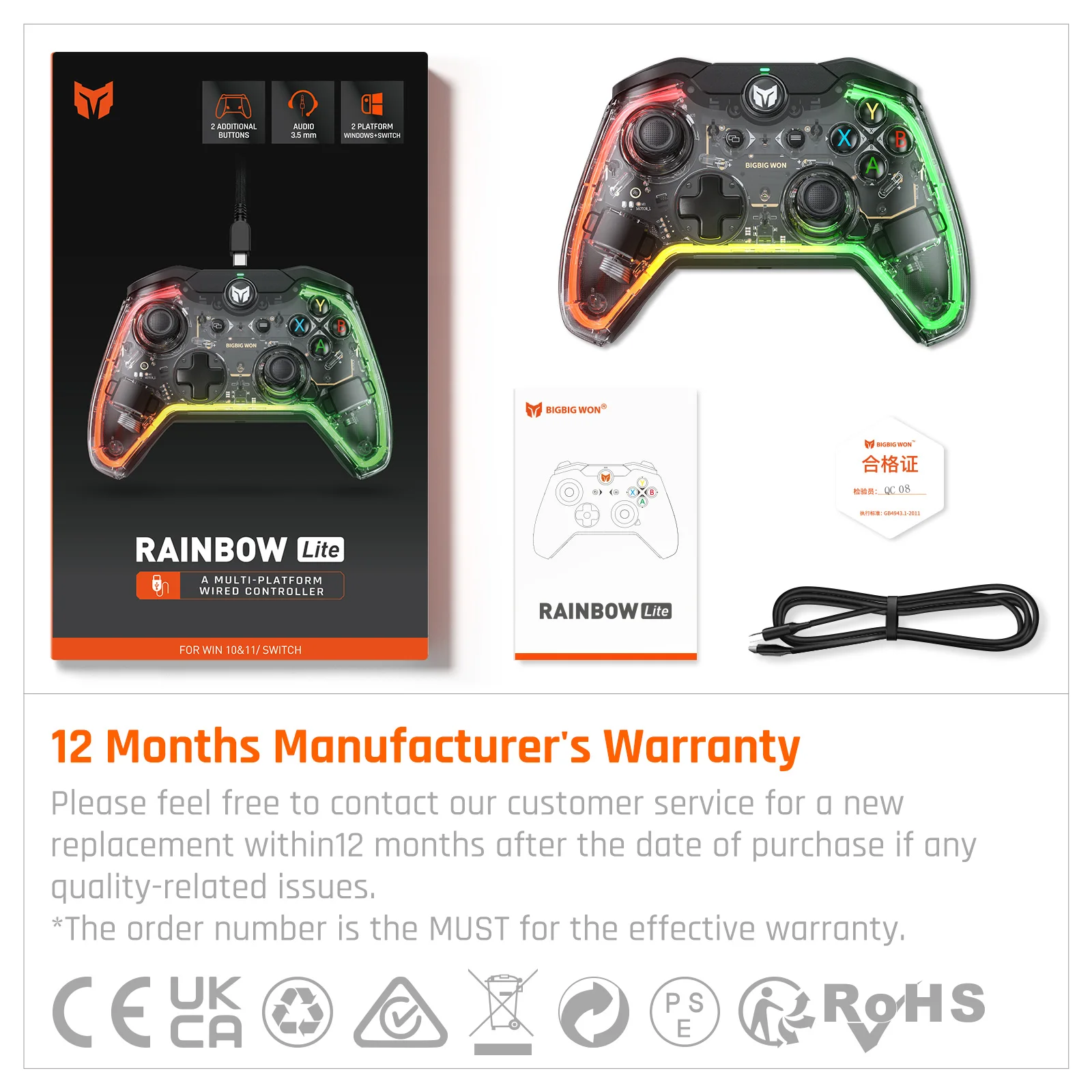 original BIGBIG WON Rainbow Lite Wired Gaming Controller for Switch/Win10&11 for PS4 via R90 PC Game Gamepads