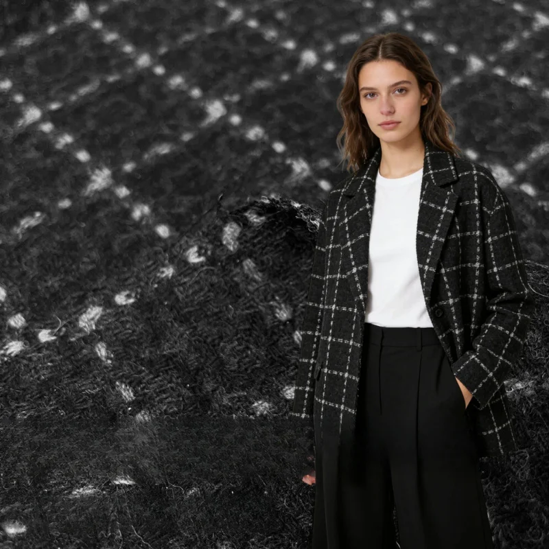 FHigh-end black and gray honeycomb grid wool tweed fabric for autumn and winter outerwearB