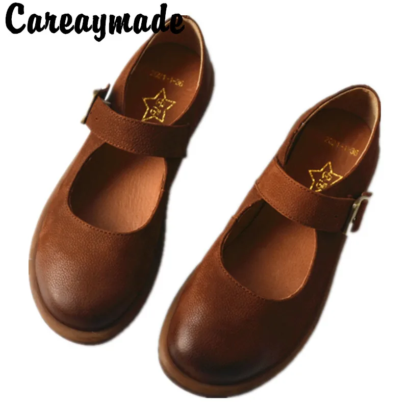 Careaymade-New style genuine leather t-buckle women's shoes in spring and summer,Flat soft sole breathable handmade single shoes