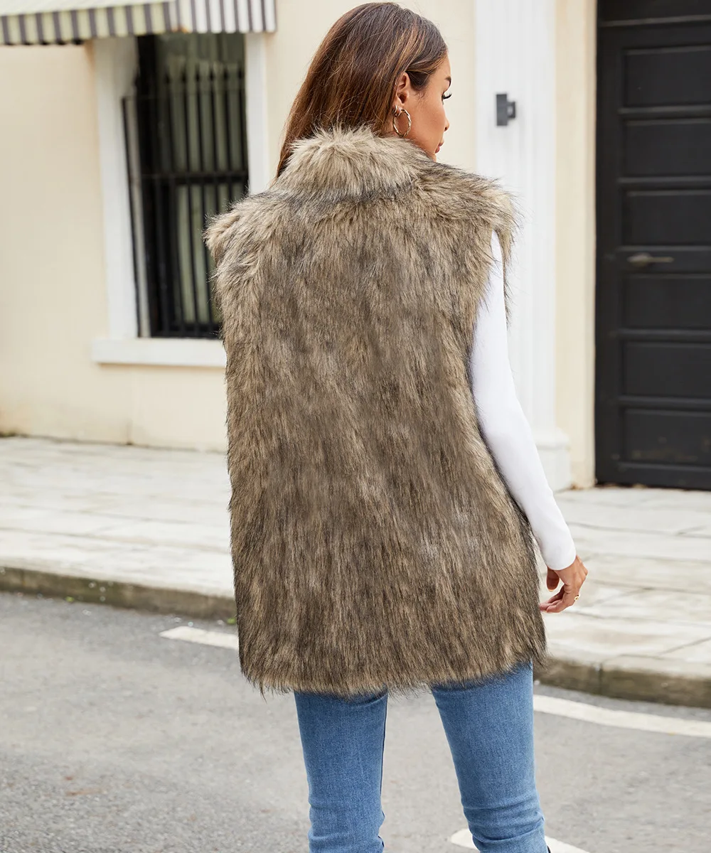 Women Clothing Open Stitch Vest Sleeveless Turn Down Collar Faux Fur Cardigan High Street Loose Fur Solid Autumn Spliced