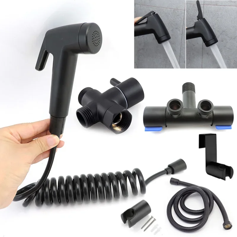 black Toilet Douche Bidet Handheld shower head Hose Valve Spray Muslim Sanitary Shattaf Kit Holder Bathroom Fixture Shattaf t1