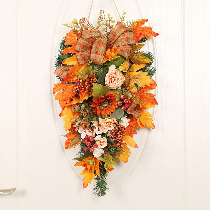 

Yannew Autumn Teardrop Floral Swag Wreath with Sunflower Maple Leaf Pumpkin Berries Bow for Fall Harvest Home Door Wall Decor