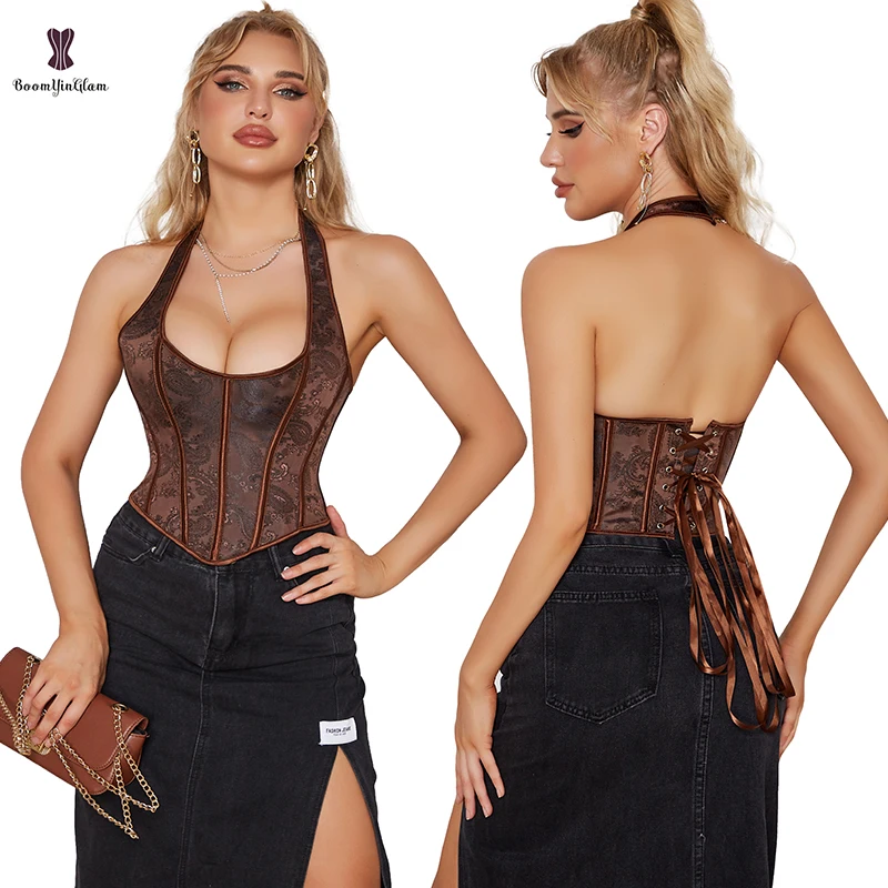 Side Zipper Backless Body Shapewear Brown Steam Punk Gothic Corset Crop Top For Women Plus Size XS-6XL