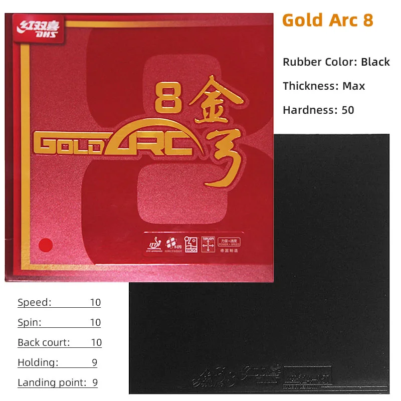 DHS Gold Arc 8 tafeltennisrubber, origineel Gold Arc 8 pingpongrubber, professioneel, offensief, niet-klevend, zeer elastisch.