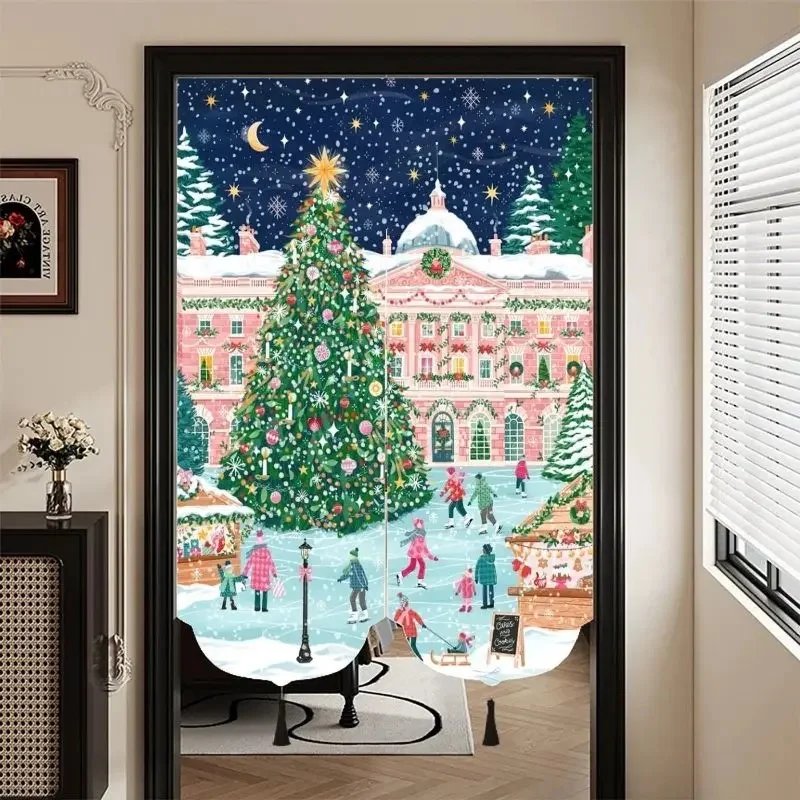 VIKAMA Merry Christmas Door Banner, Cartoon Snowy Town Ice Rink Christmas Tree Market Holiday Front Door Hanging Curtain Decor