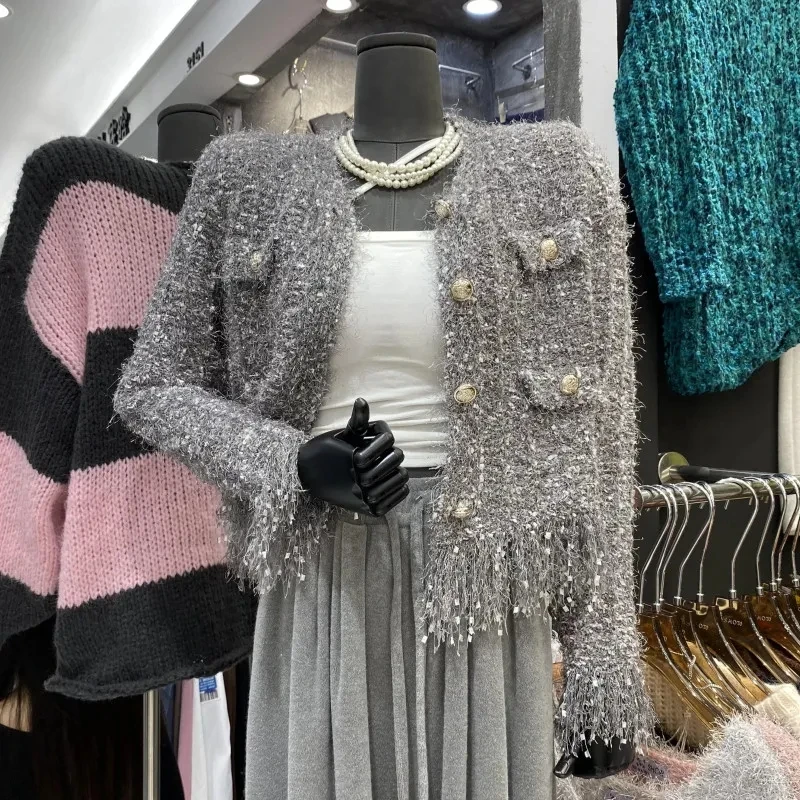 Fashionable Autumn Sweater Sequins V-Neck Long Sleeve Tassel Women's Flare Sleeve Knitted Cardigan Coat