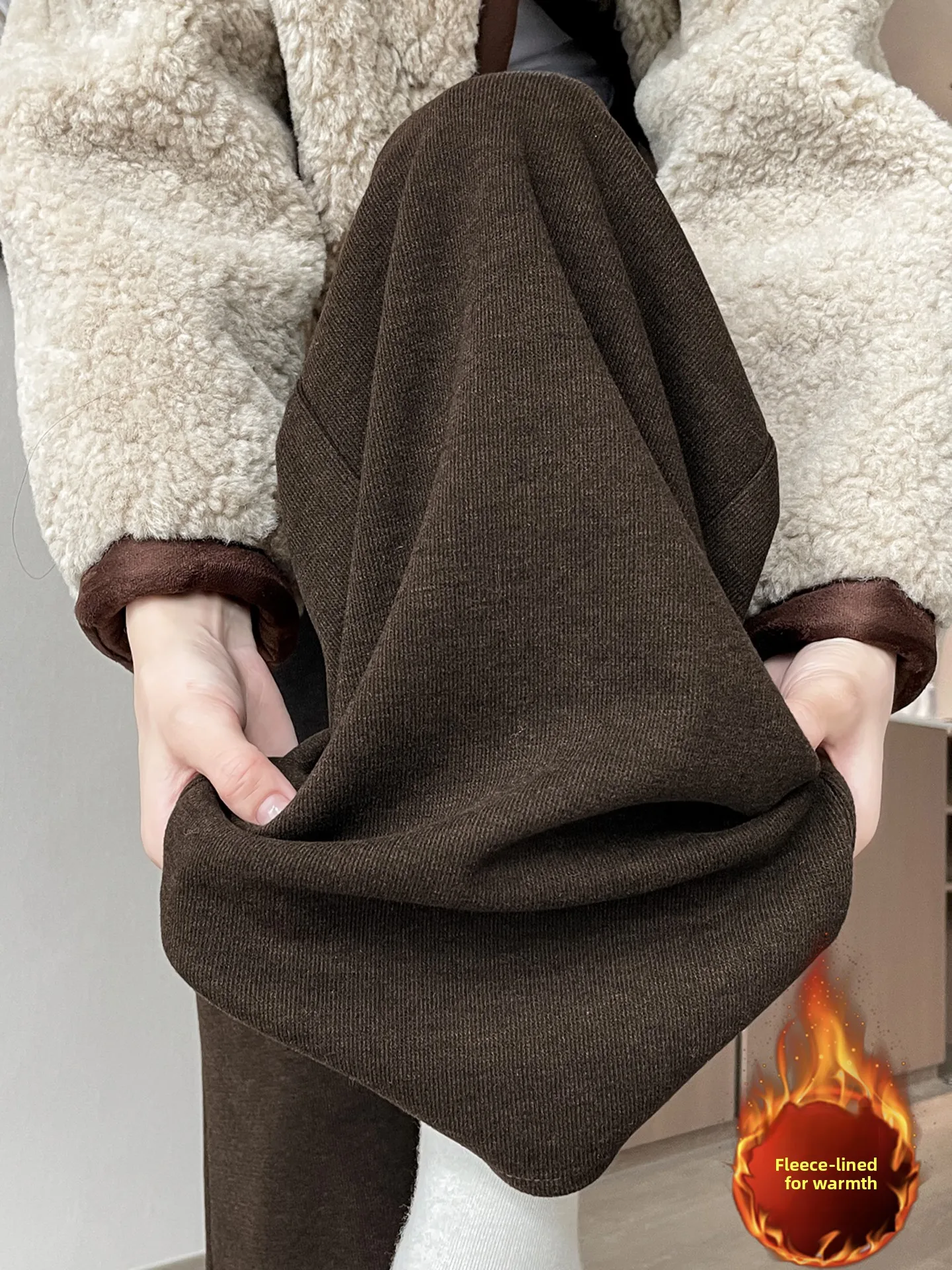 겨울 신상 여성 와이드 레그 팬츠 커피색 안감 있는 캐주얼 루즈핏 하이웨이스트 스트레이트 튜브 출퇴근용