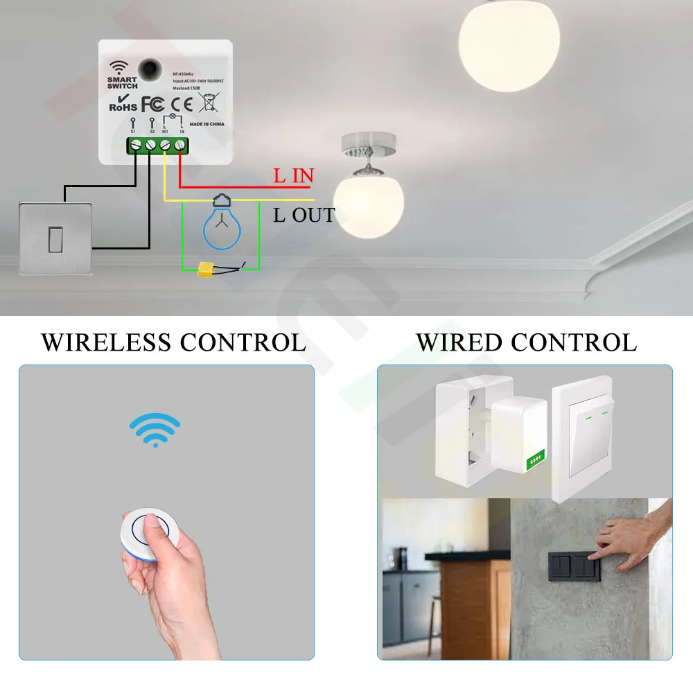 Mini bez neutralnego włącznika światła Bezprzewodowy pojedynczy włącznik ognia Okrągły przycisk Okrągły przełącznik zdalnego sterowania, odbiornik
