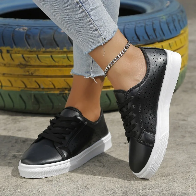 Women Shoes Fashion Summer Casual White Shoes Cutouts Lace Canvas Hollow Breathable Platform Flat Shoes Woman Sneakers