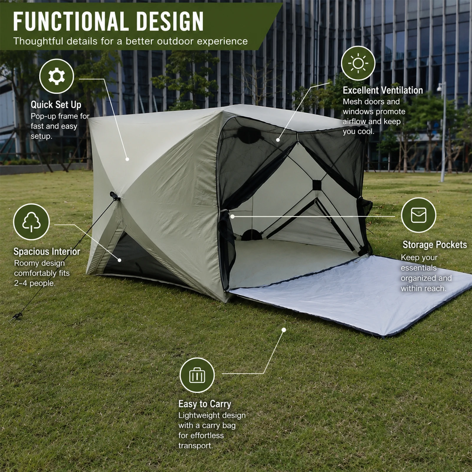 Beach Tent, Spacious Interior for Couples, Mesh Screen Doors, Compact Storage Bag for Lakeside Beach Holiday Camping Supplies