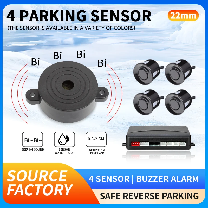 Source Factory 4 Probe Buzzer Parking Sensor System 22mm 12V Reversing Radar Safe Parking For Car Truck Van RV
