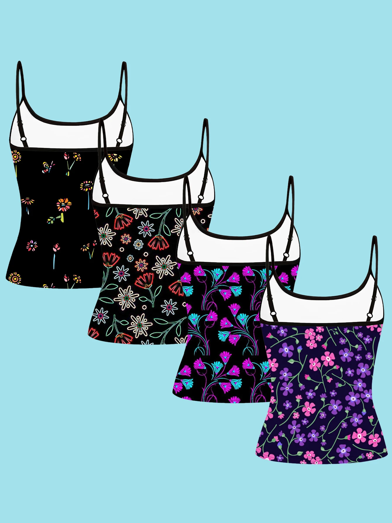 4-Piece Set of Hand-Painted Neon Line Floral Camisoles, Color-Blocking Fluorescent Floral Slim-Fit Tops for Women, Suitable for Both Inner and Outer Wear