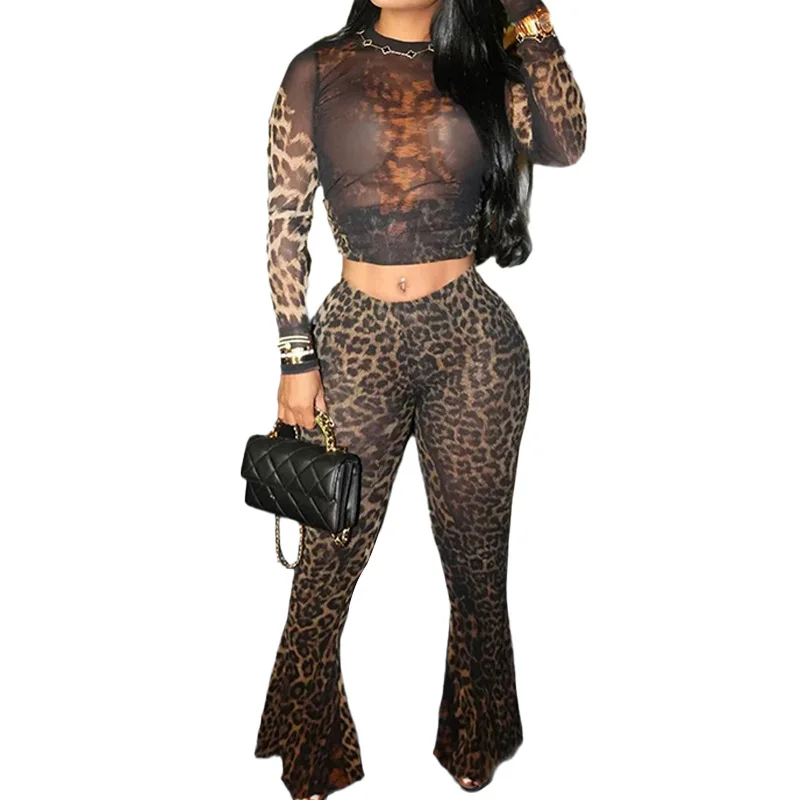 SsTss 2025 Nieuwe Sexy Mode Luipaard Print Lange Mouw Bodycon Shirt Top & Dames Hoge Taille Slim Fit Broek 2-delige Set