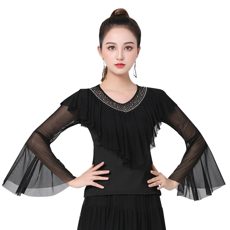 Noble Ruffle ผู้นำยาวแขนเสื้อเต้นรำสำหรับผู้หญิงสีเพชรขัดลูกไม้ V คอ Latin Ballroom Dancewear