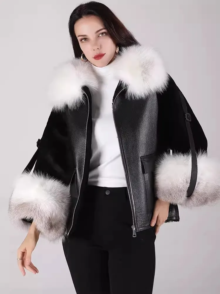 Luxury Fox Fur Collar Office Ladies New Winter Elegant Sheep Shearling Short Coat Zipper Warm Genuine Leather Real Fur Jackets