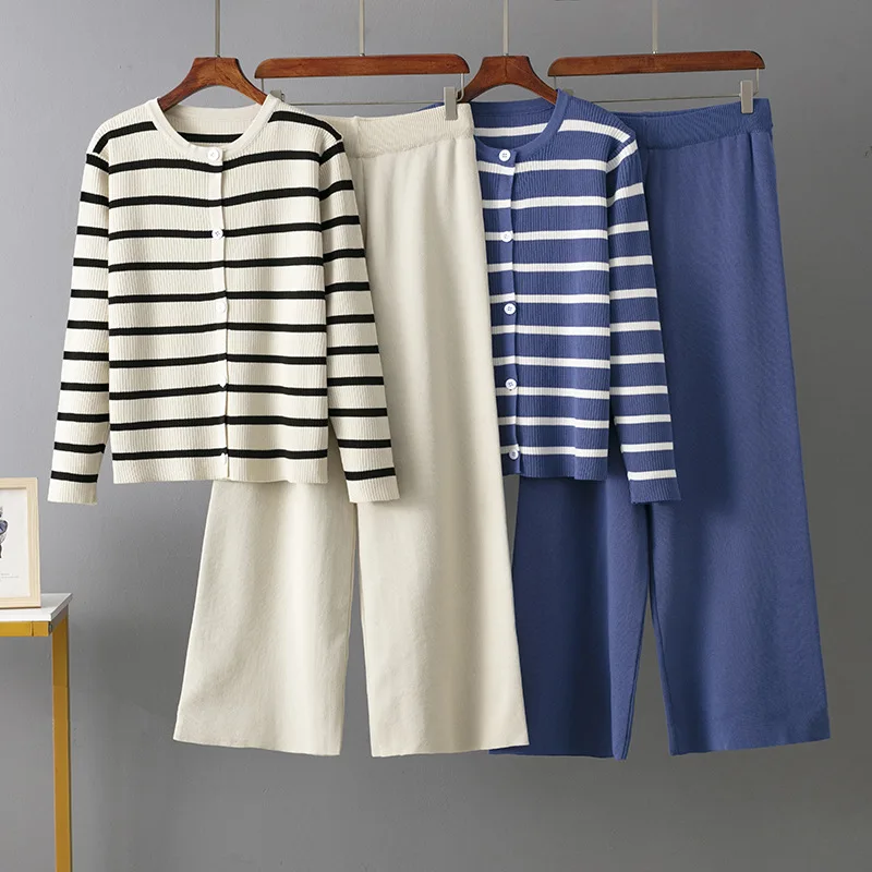Primavera outono 2 peça feminina cardigan fatos de treino moda malha calça conjunto senhoras camisola terno vintage moda senhoras 2 peça conjunto