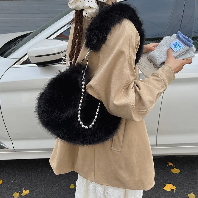 Autumn Winter Imitation Fox Fur Dumpling Bag with Pearl Chain Underarm Single Shoulder Crossbody Fashion Bag