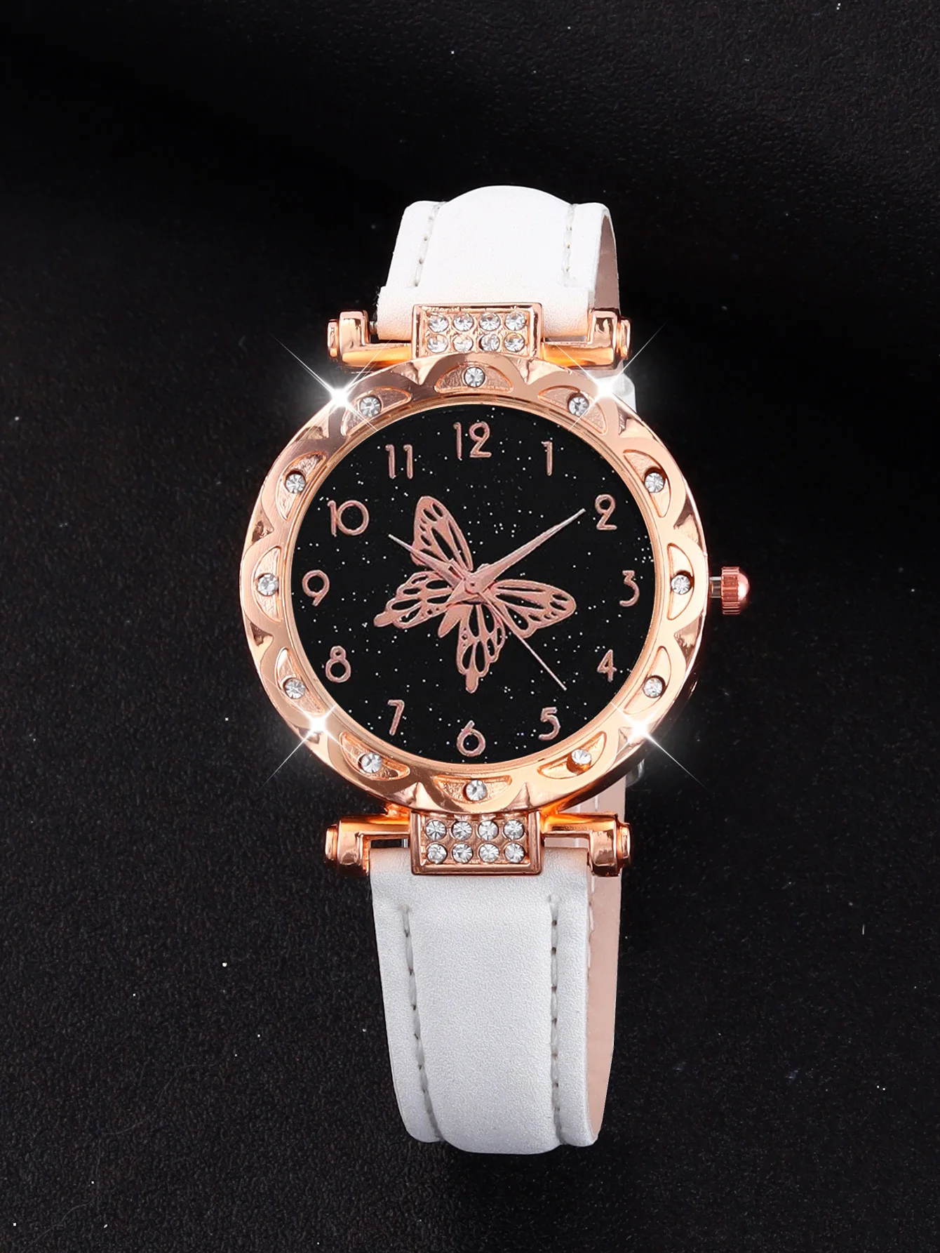 White casual fashion women's PU quartz watch and butterfly beaded alloy bracelet set back to school season wear good gifts