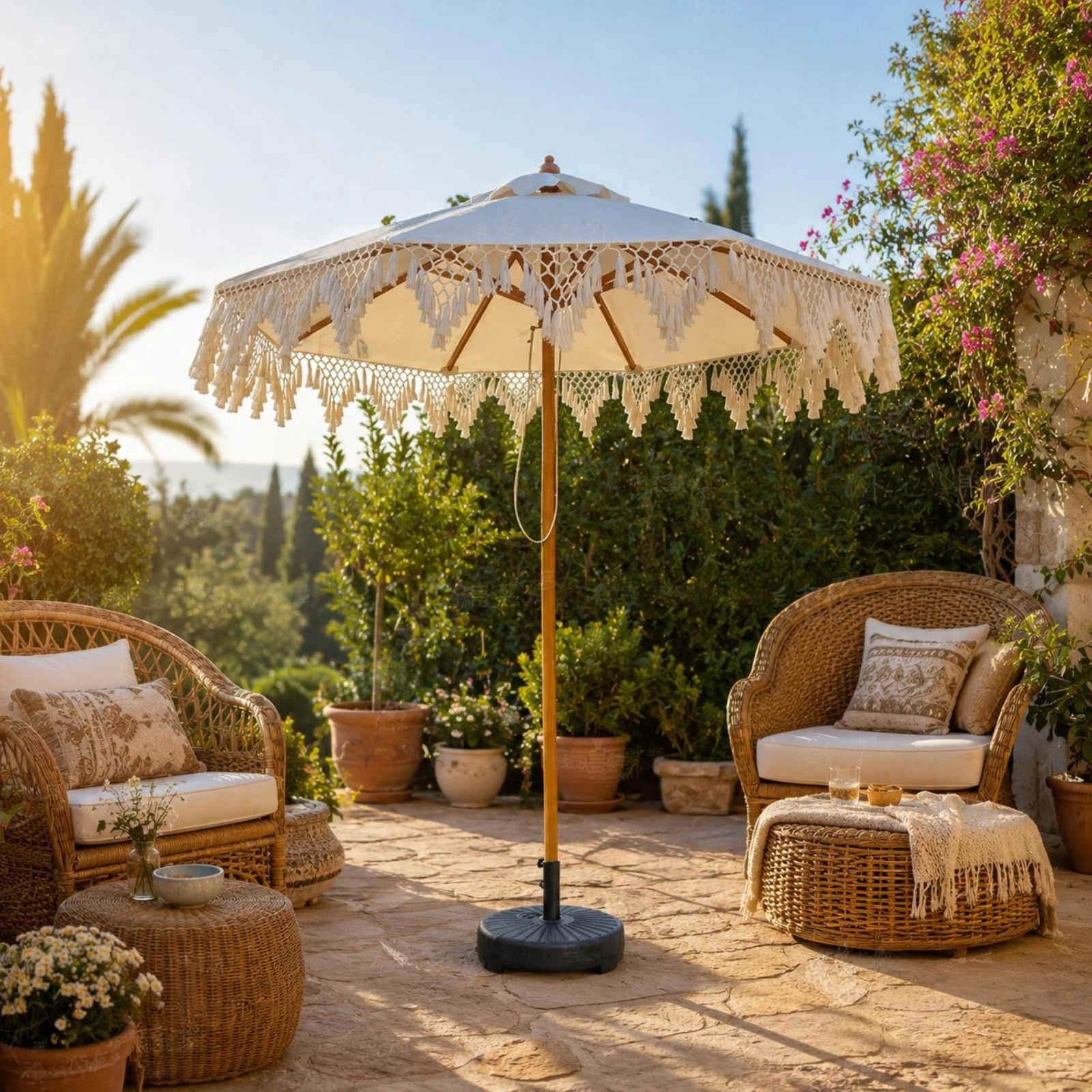 Fringed Sunshade Pointed Finial Round Sunshade Umbrella Outdoor Shade Light-Colored Sun Shelter Freestanding